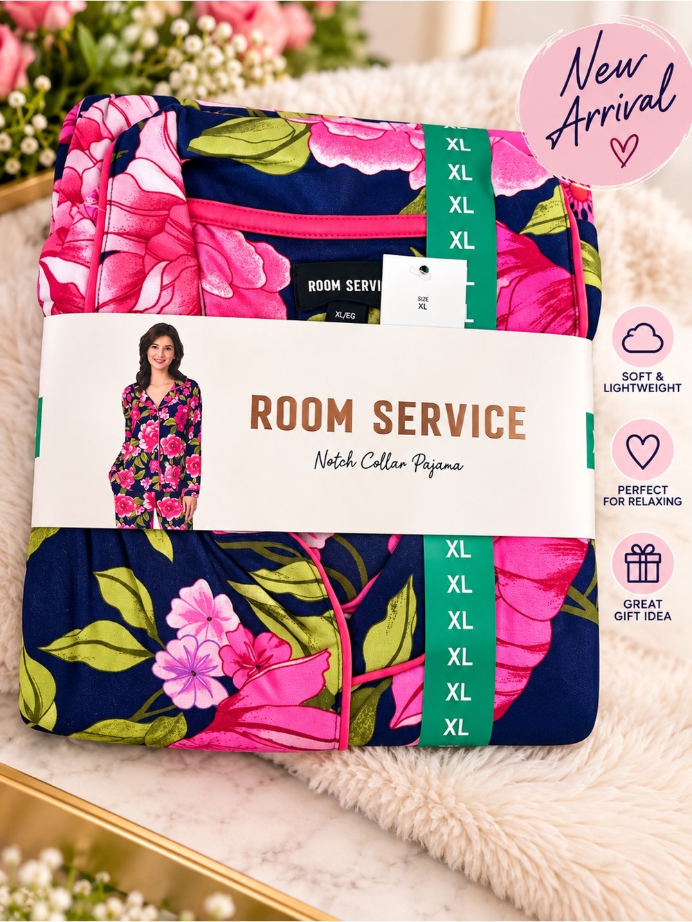 ROOM SERVICE Women's Notch Collar Pajama Set in Navy & Pink Floral